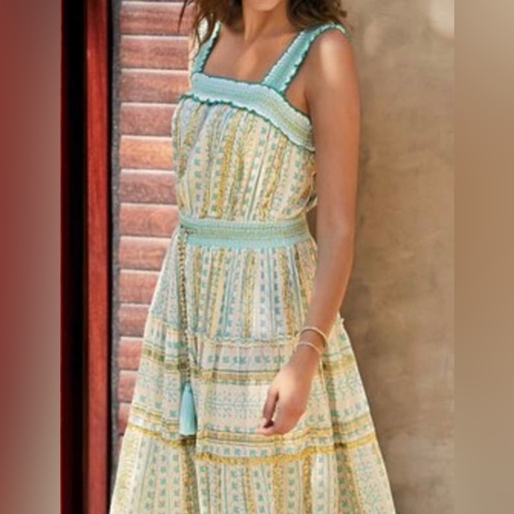 Soft Surroundings Aegean Tiered boho sundress women size Sm petite Aqua/gold